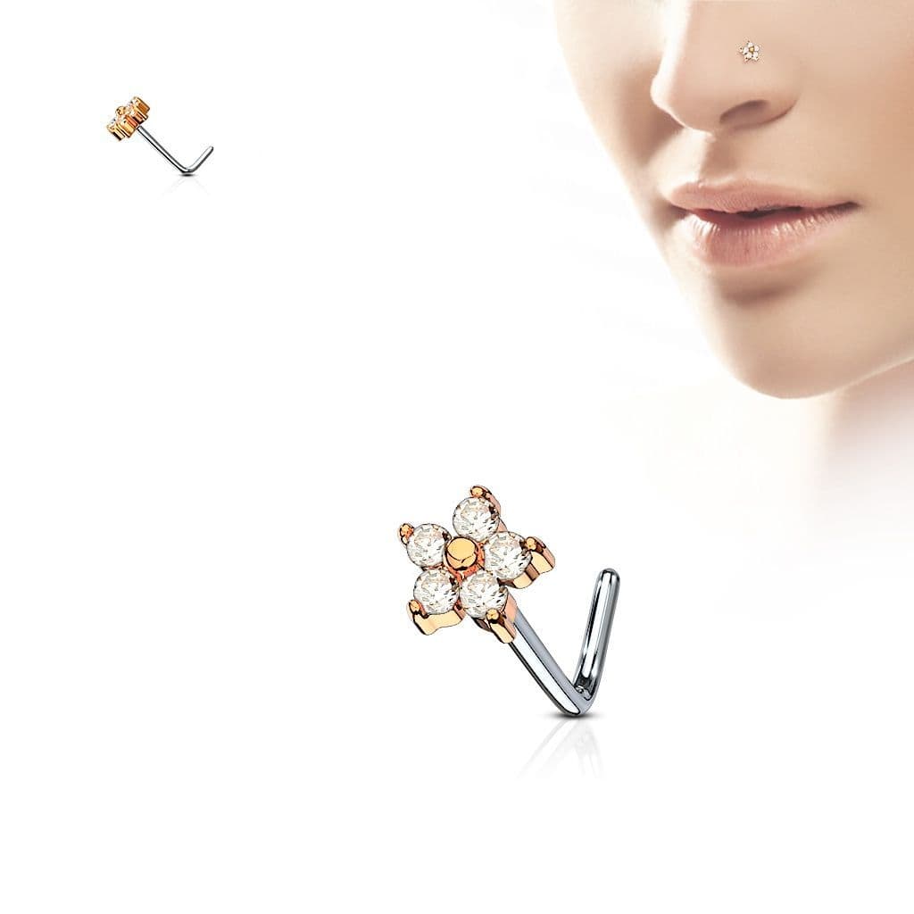 Zlacený zahnutý piercing do nosu kytička, čiré kamínky - N0083-RDC - náhled 2