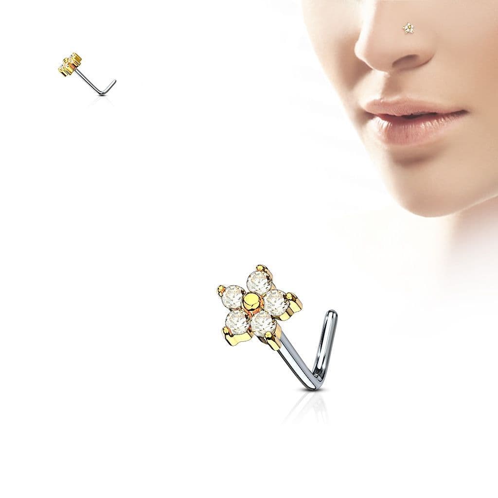 Zlacený zahnutý piercing do nosu kytička, čiré kamínky - N0083-GDC - náhled 2