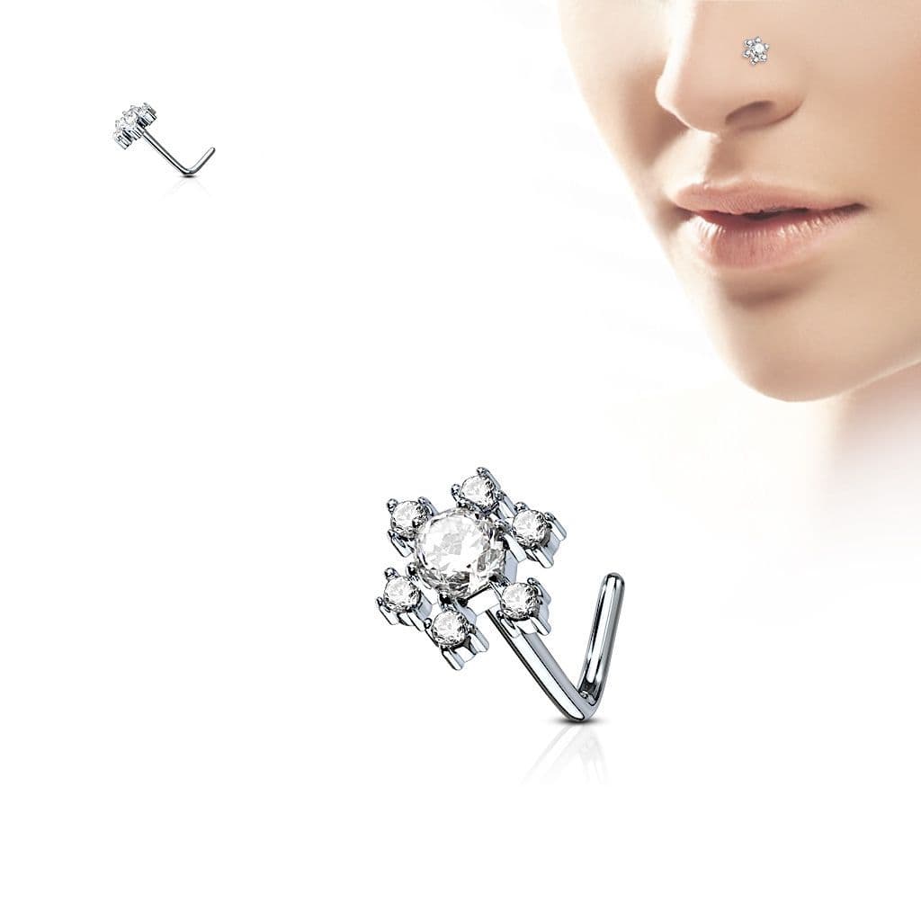 Zahnutý piercing do nosu, čiré kamínky - N0086-C