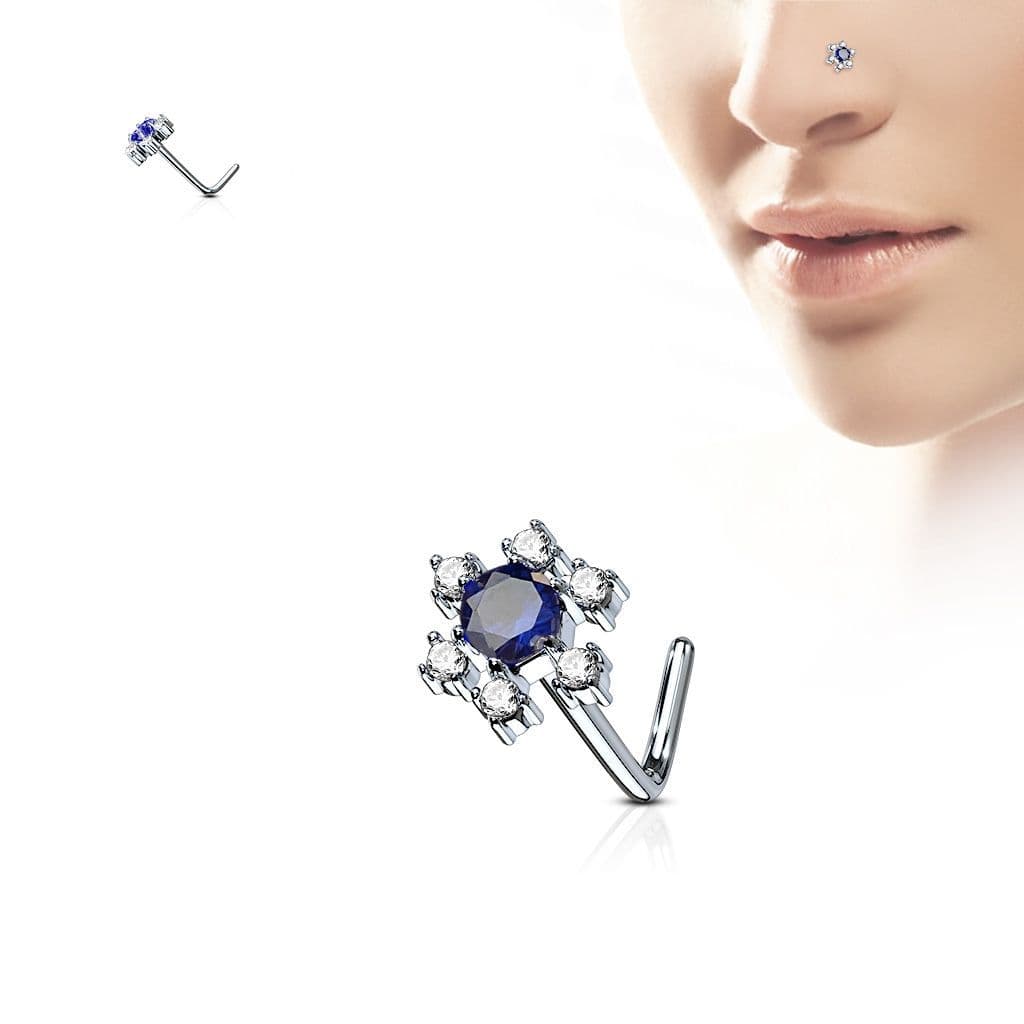 Zahnutý piercing do nosu, modrý kamínek - N0086-B