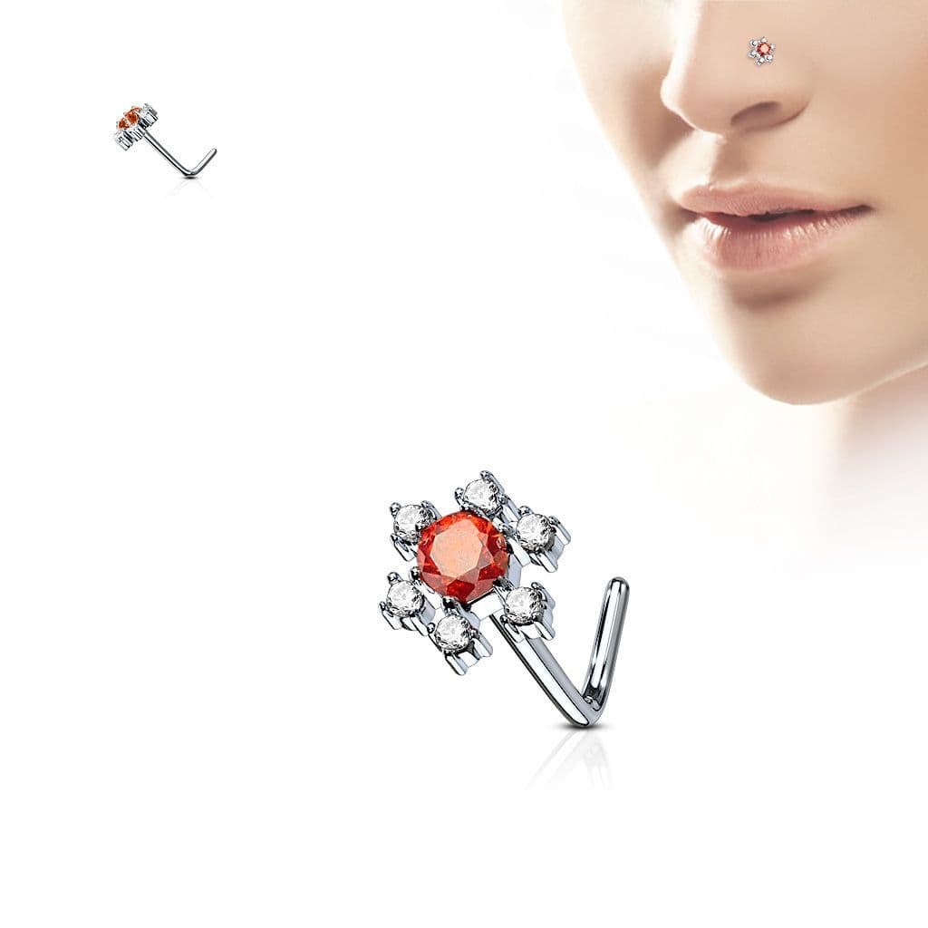 Zahnutý piercing do nosu, červený kamínek - N0086-R