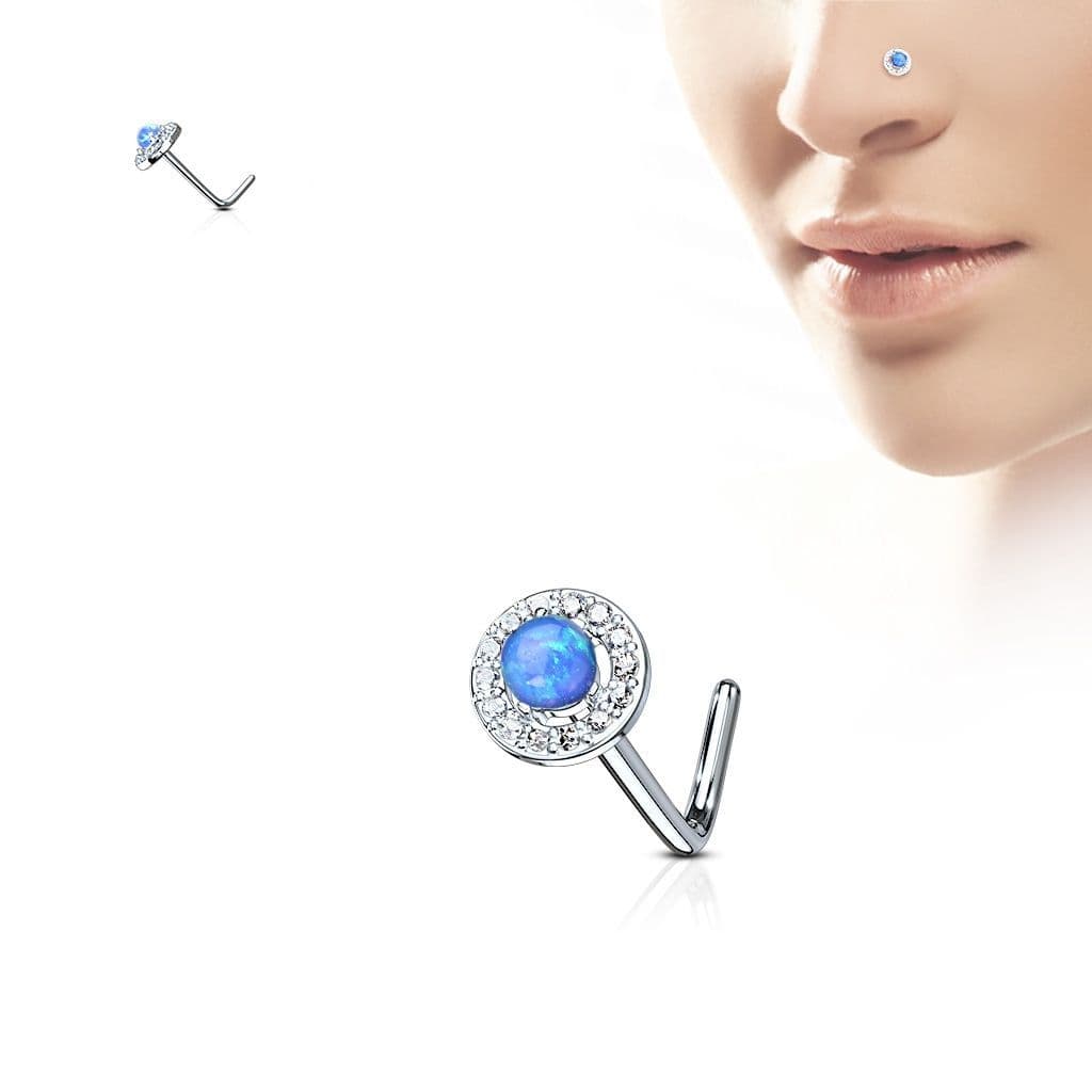 Zahnutý piercing do nosu - modrý opál - náhled 2