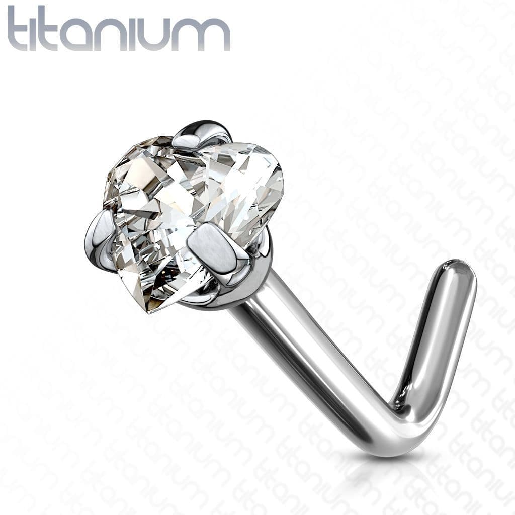 Zahnutý piercing do nosu - titan srdíčko, čirý kamínek - náhled 1