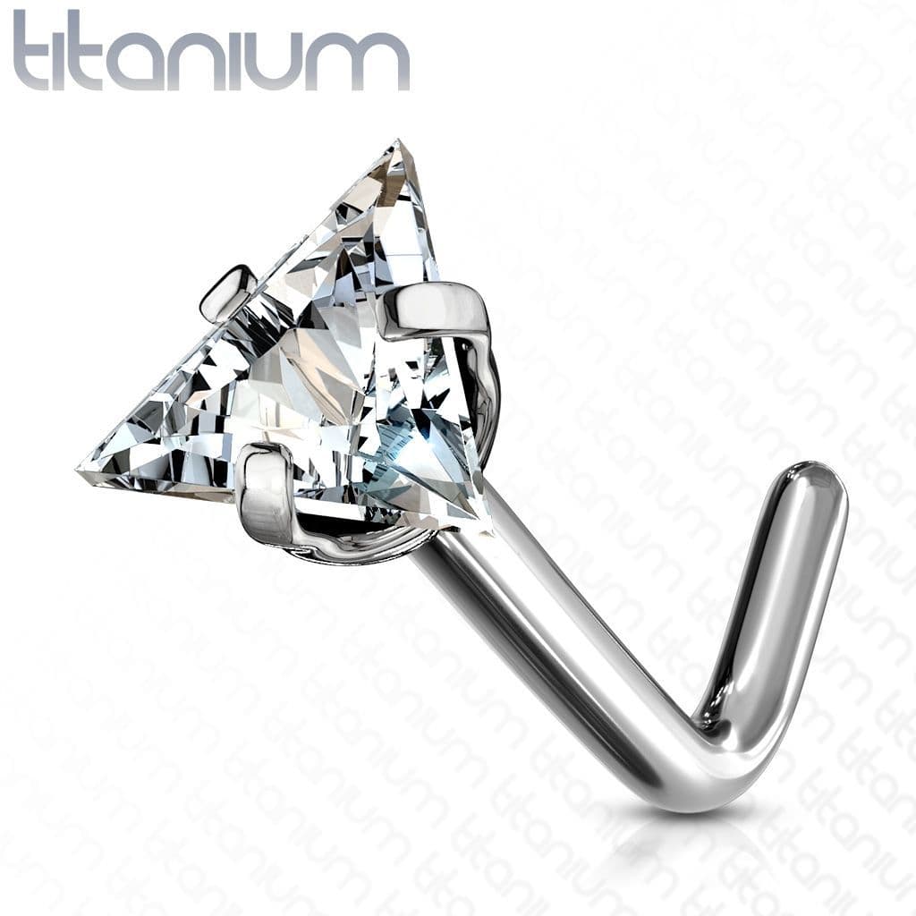Zahnutý piercing do nosu - titan trojúhelník, čirý kamínek - TIT1043-C - náhled 1