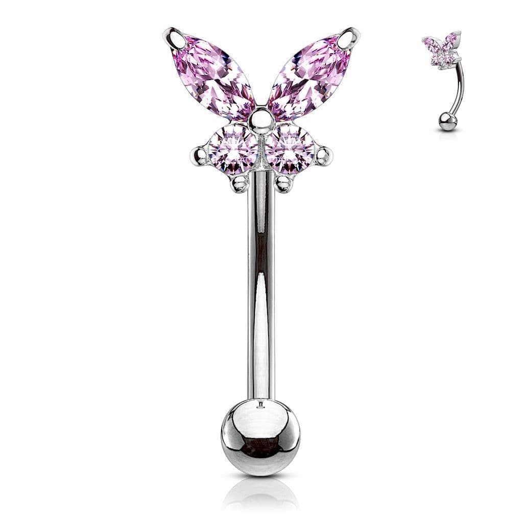Piercing do obočí motýlek, růžové zirkony - OB0004-P