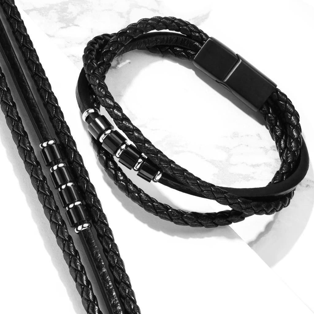 Kožený náramek s černou komponenty, délka 19 cm - NR1225-19 - náhled 4