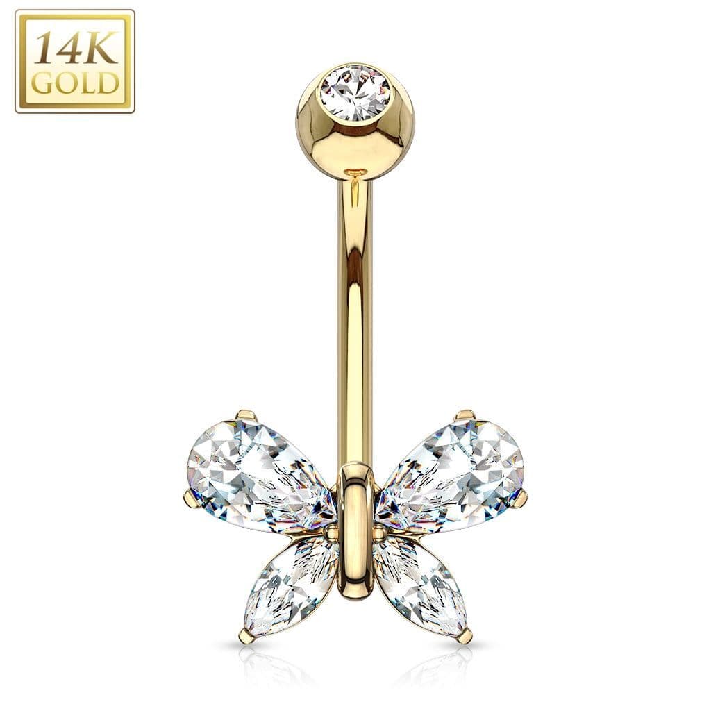 Zlatý piercing do pupíku - motýlek s čirými zirkony, Au 585/1000 - ZL01171C-YG