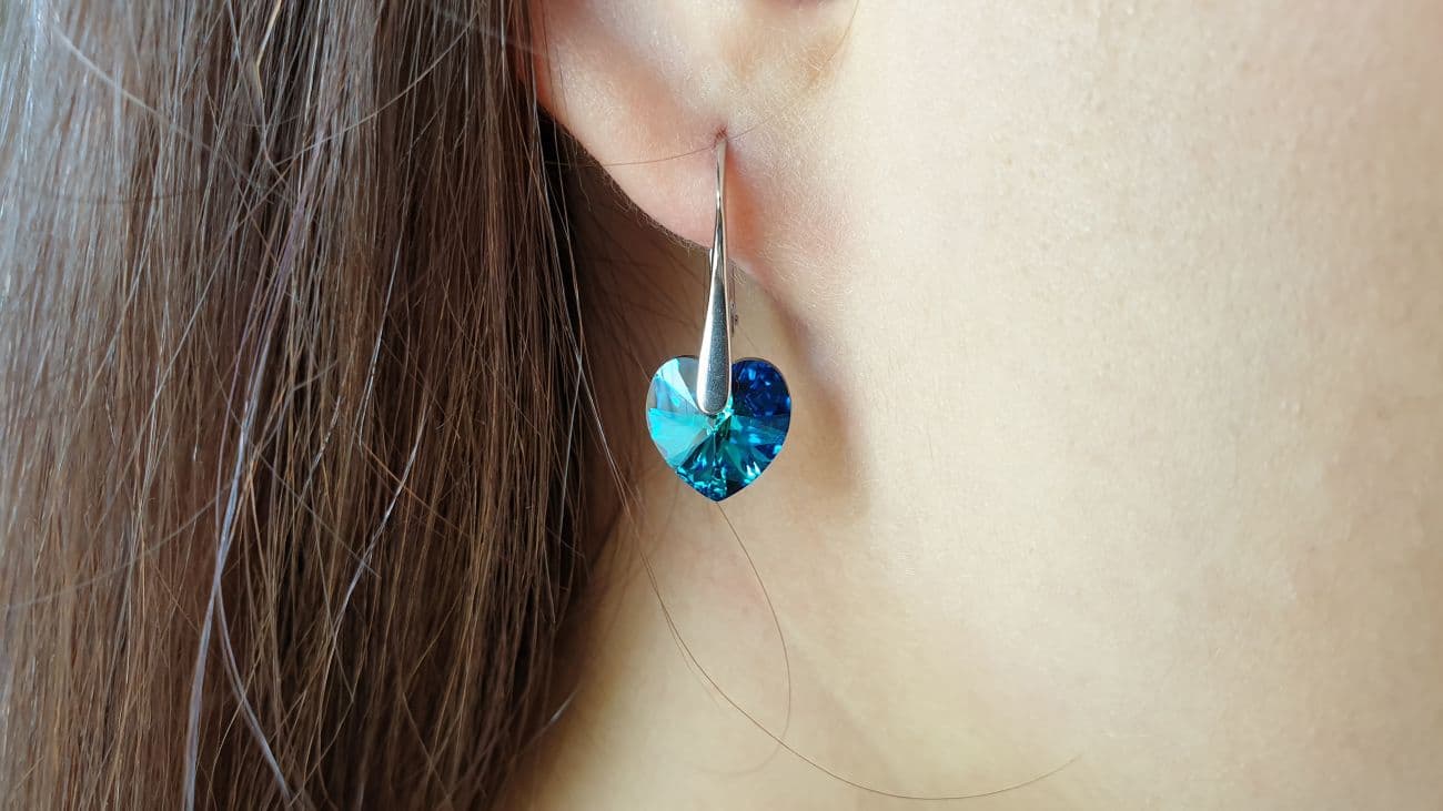 Stříbrné náušnice srdíčka s krystaly Crystals from Swarovski, Montana Blue - náhled 2