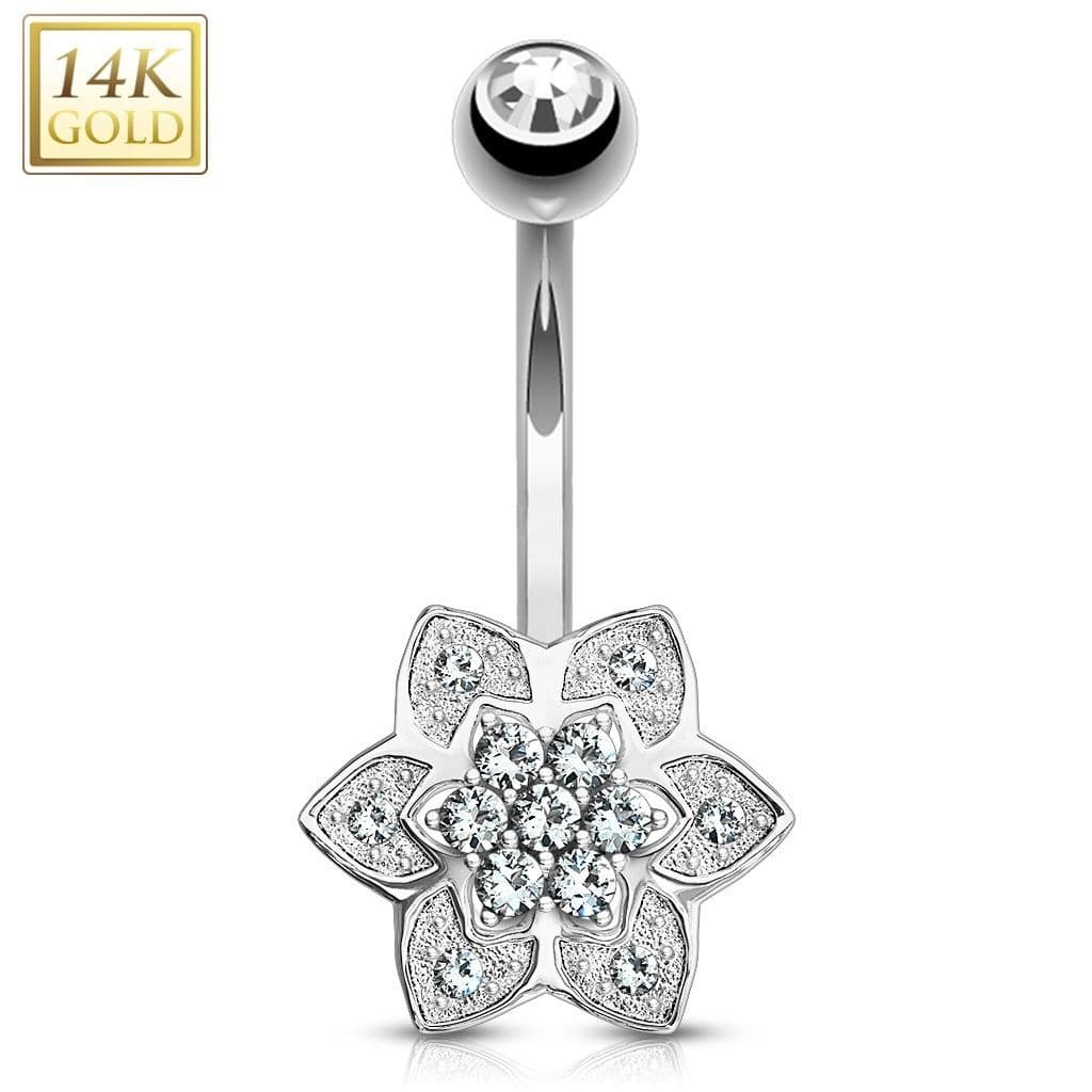 Zlatý piercing do pupíku - kytička se zirkony, Au 585/1000 - ZL01185-WG