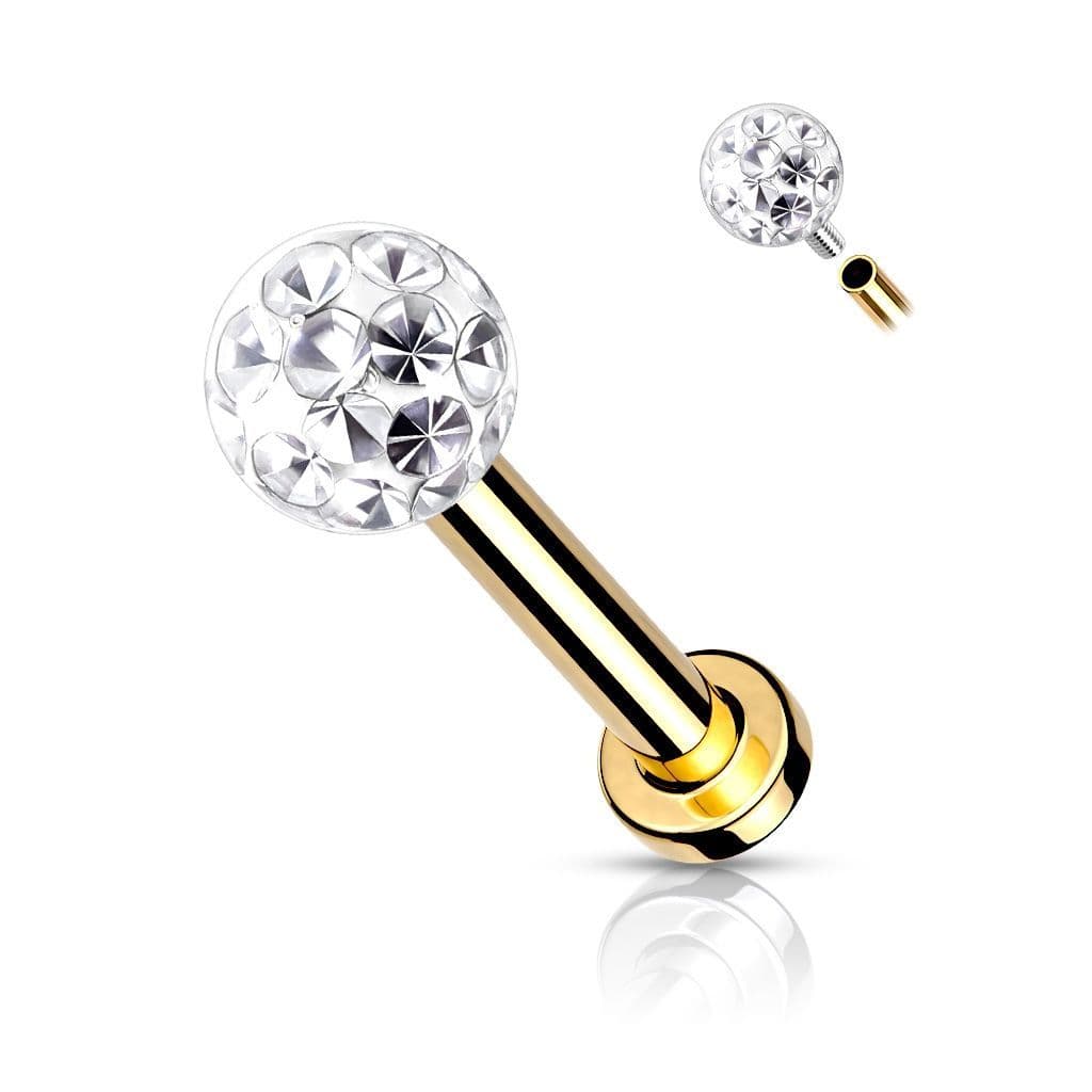 Zlacený piercing do brady - labreta s kamínky 1,2 x 8 mm - LB1089GD-1208