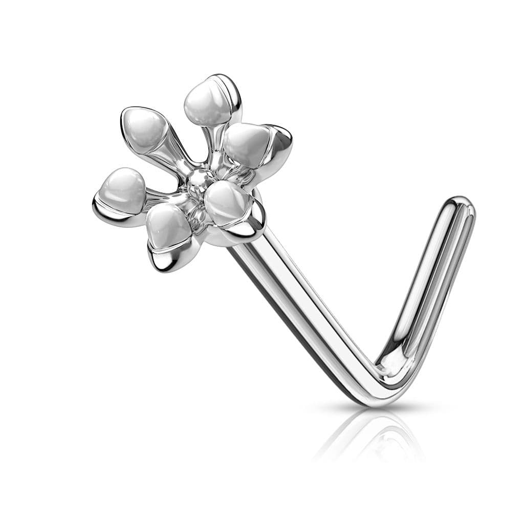 Zahnutý piercing do nosu kytička (bílá) - náhled 1