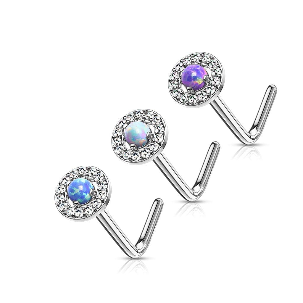 Zahnutý piercing do nosu - bílý opál - náhled 3