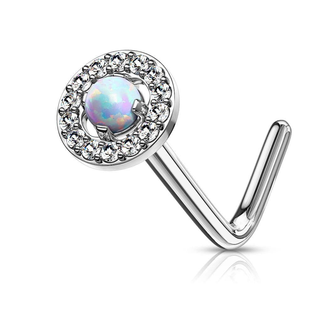 Zahnutý piercing do nosu - bílý opál - náhled 1