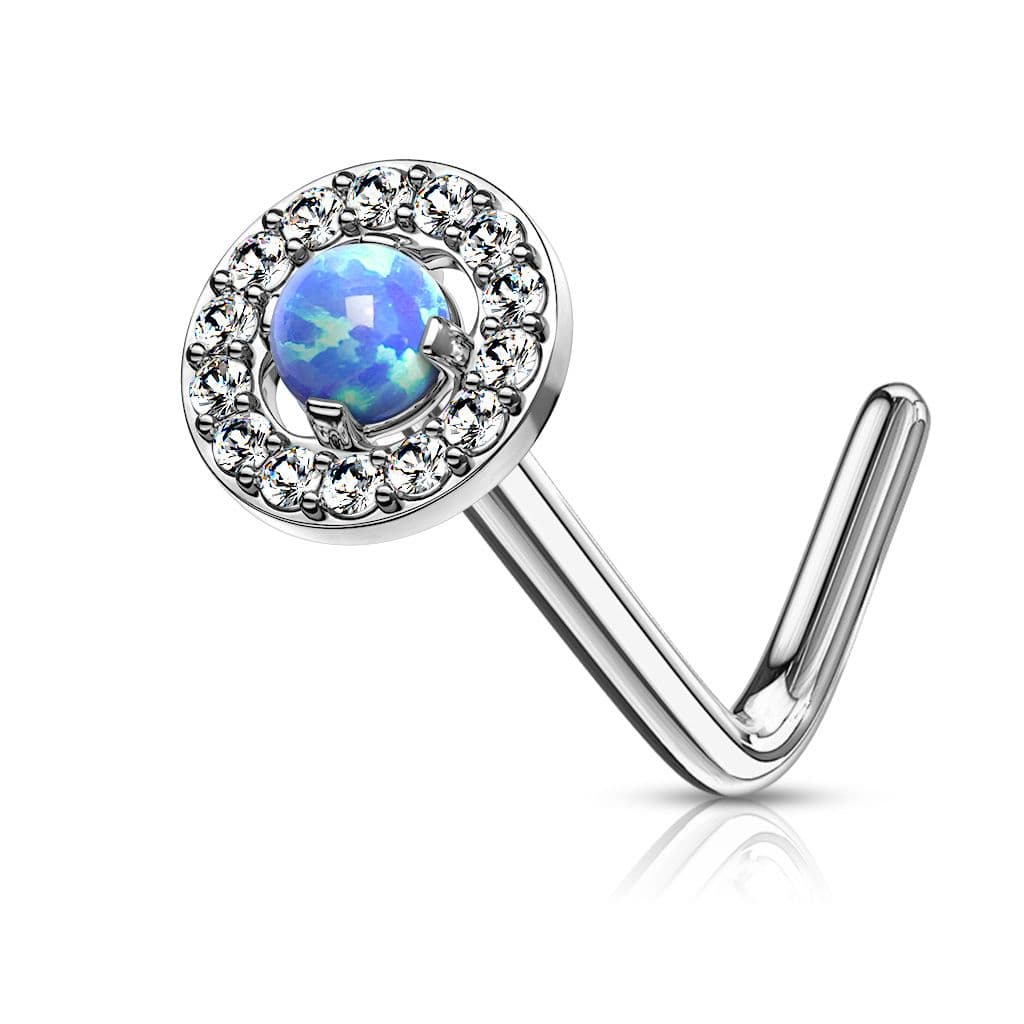 Zahnutý piercing do nosu - modrý opál - náhled 1