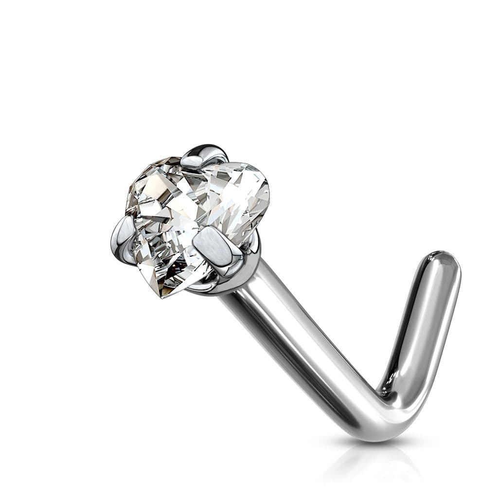 Zahnutý piercing do nosu - titan srdíčko, čirý kamínek - náhled 3