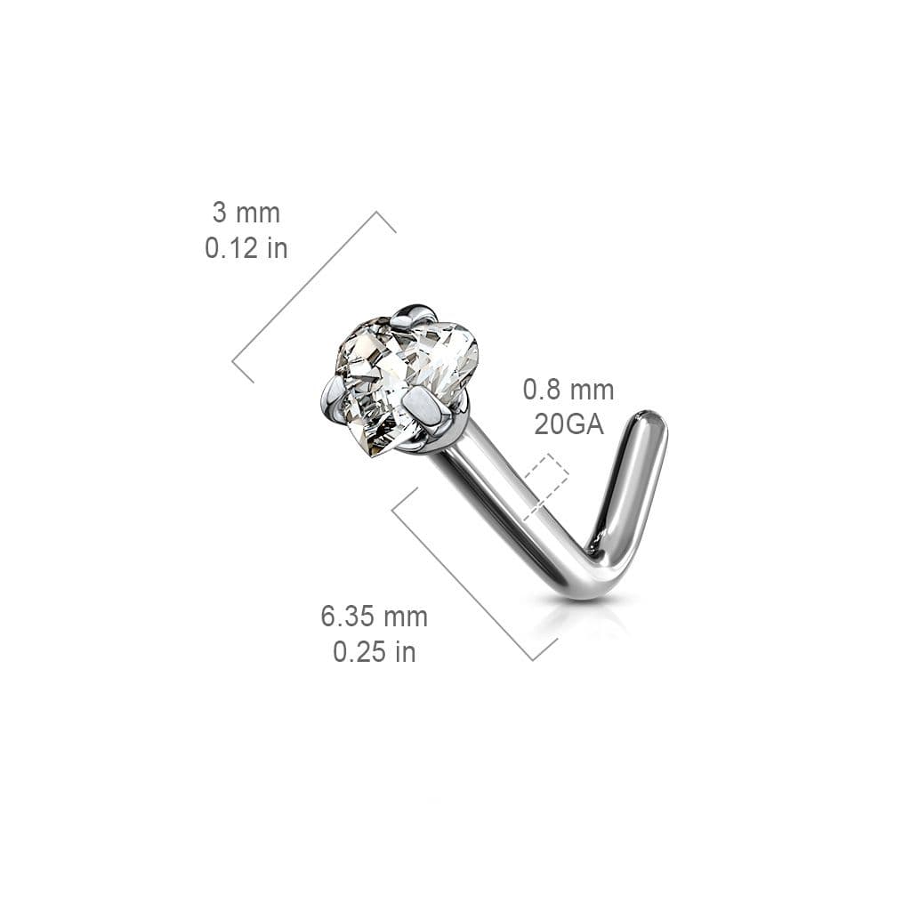 Zahnutý piercing do nosu - titan srdíčko, čirý kamínek - náhled 4