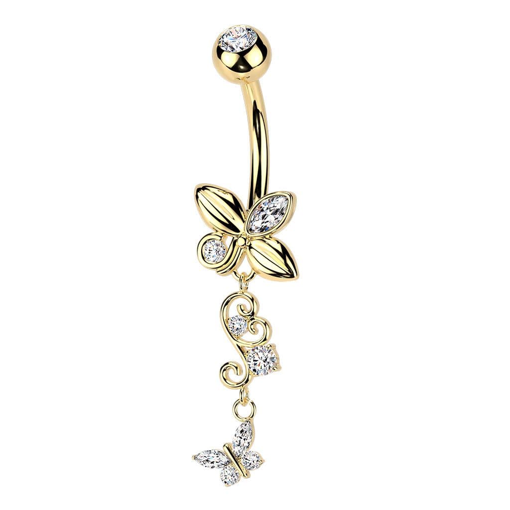 MARRE Zlacený visací piercing do pupíku s motýlky - WP0117-GD
